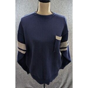 Gap Women's Blue Knit Sweater Long Sleeve Pocket Detail Varsity Stripe Pullover